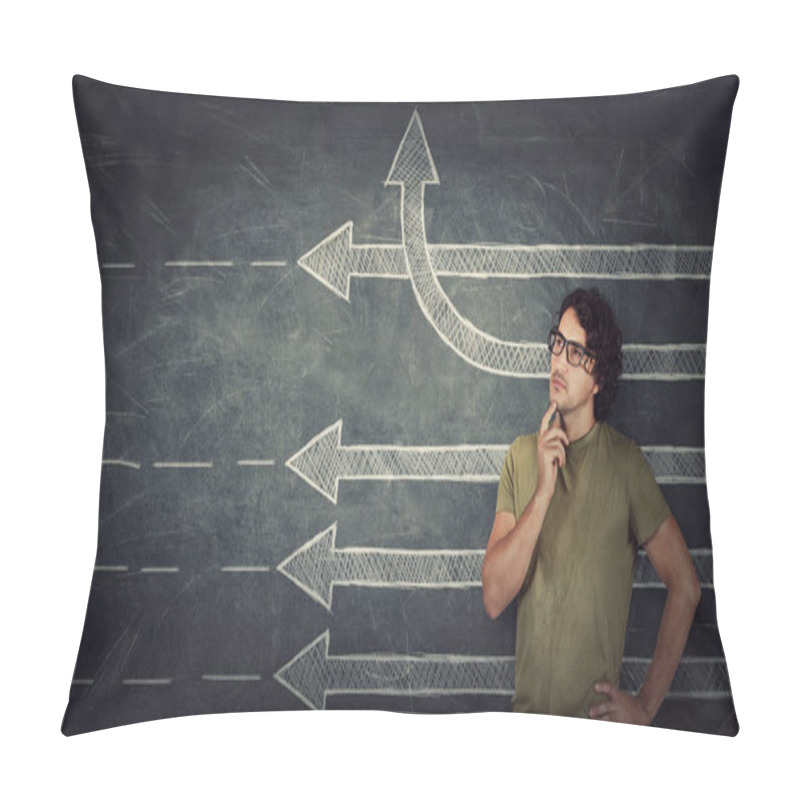 Personality  Pensive Young Man Stands Over Chalkboard Background With Multiple Straight Arrows Sketches, One Of Them Changes Direction Bending By Upwards Trajectory. Different Thinking Concept, Breaking The Rules Pillow Covers