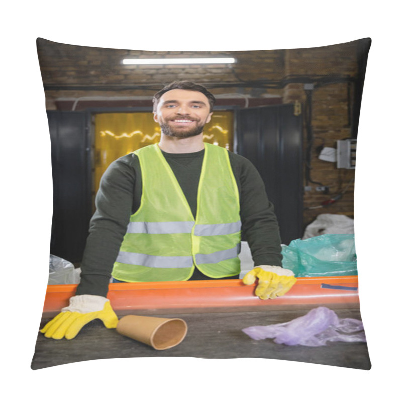 Personality  Smiling And Bearded Sorter In Gloves And Protective Vest Looking At Camera While Working With Trash On Conveyor In Garbage Sorting Center, Garbage Sorting And Recycling Concept Pillow Covers