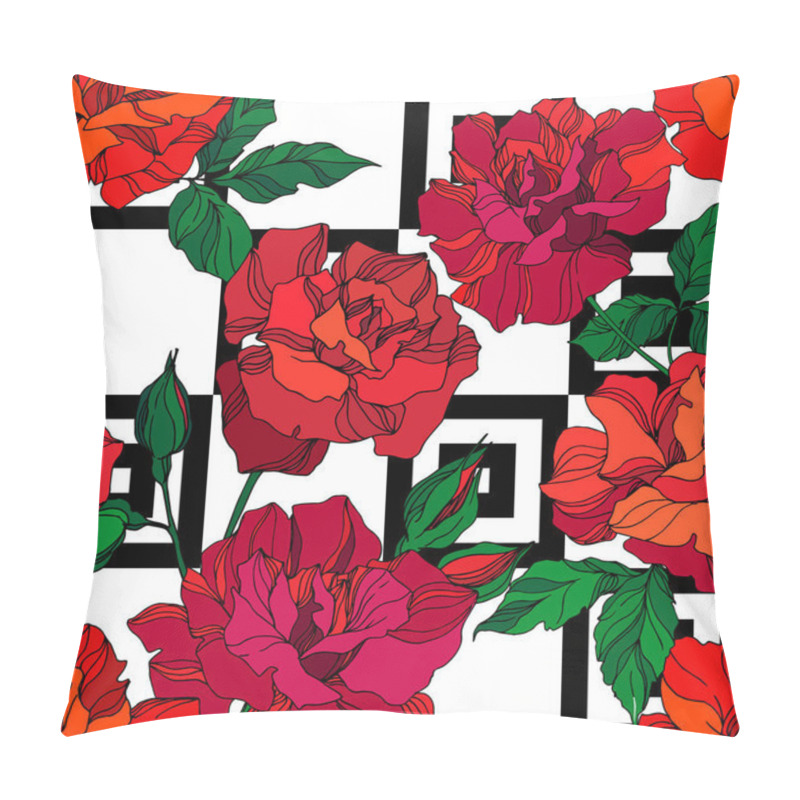 Personality  Vector Rose Floral Botanical Flowers. Green And Red Engraved Ink Art. Seamless Background Pattern. Pillow Covers