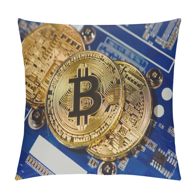 Personality  Close Up View Of Arranged Golden Bitcoins On Computer Motherboard Pillow Covers