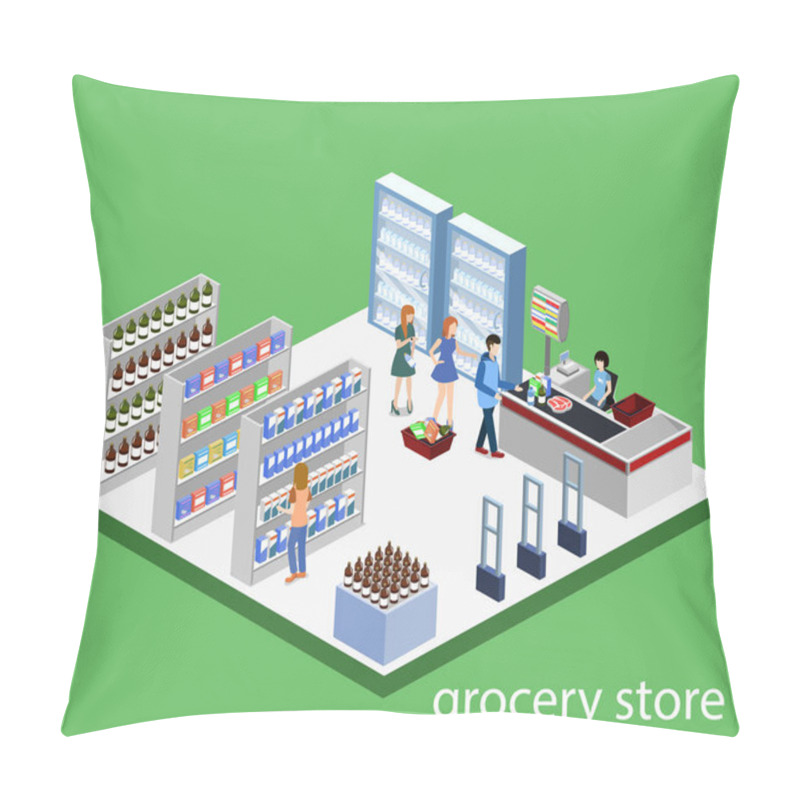 Personality  Isometric 3D Vector Illustration Concept Of A Grocery Store With Buyers And Cashier Pillow Covers