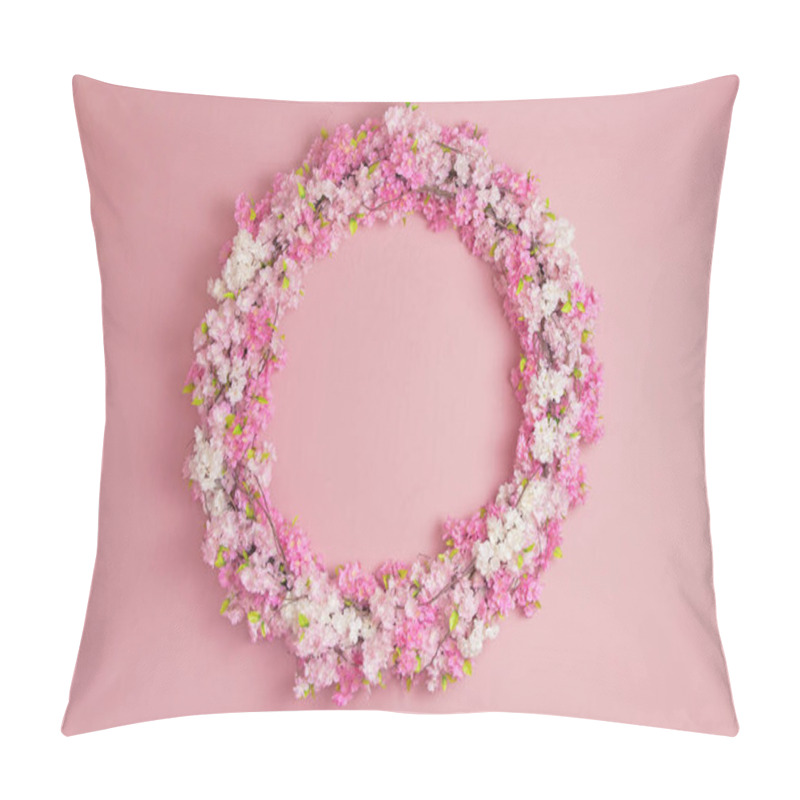 Personality  Beautiful Round Frame Woven From Blooming Spring Twigs On A Pink Wall, Spring Mood In The Interior, Hello Spring, Cozy Atmosphere, Spring Is In The Air Pillow Covers