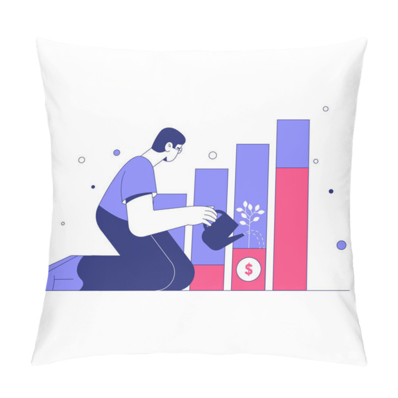 Personality  Male Character Kneeling And Watering A Bar Chart With A Dollar Sign, Symbolizing Financial Growth, Wealth Creation, And Investment Strategies. Pillow Covers