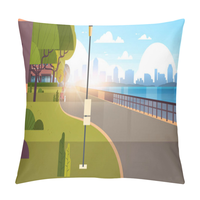 Personality  Modern City Empty Quay Urban Cityscape Skyscrapers Background View Of Road River And Downtown Early Morning Sunrise Horizontal Banner Flat Vector Illustration Pillow Covers