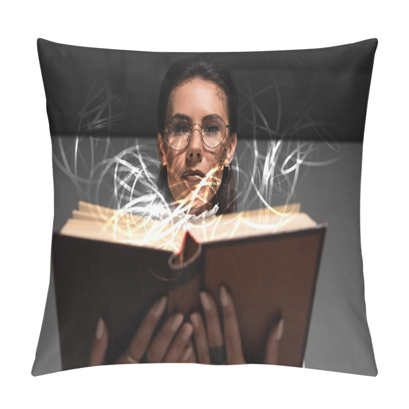 Personality  Low Angle View Of Pensive Steampunk Woman In Glasses Reading Book With Glowing Illustration Above Pillow Covers