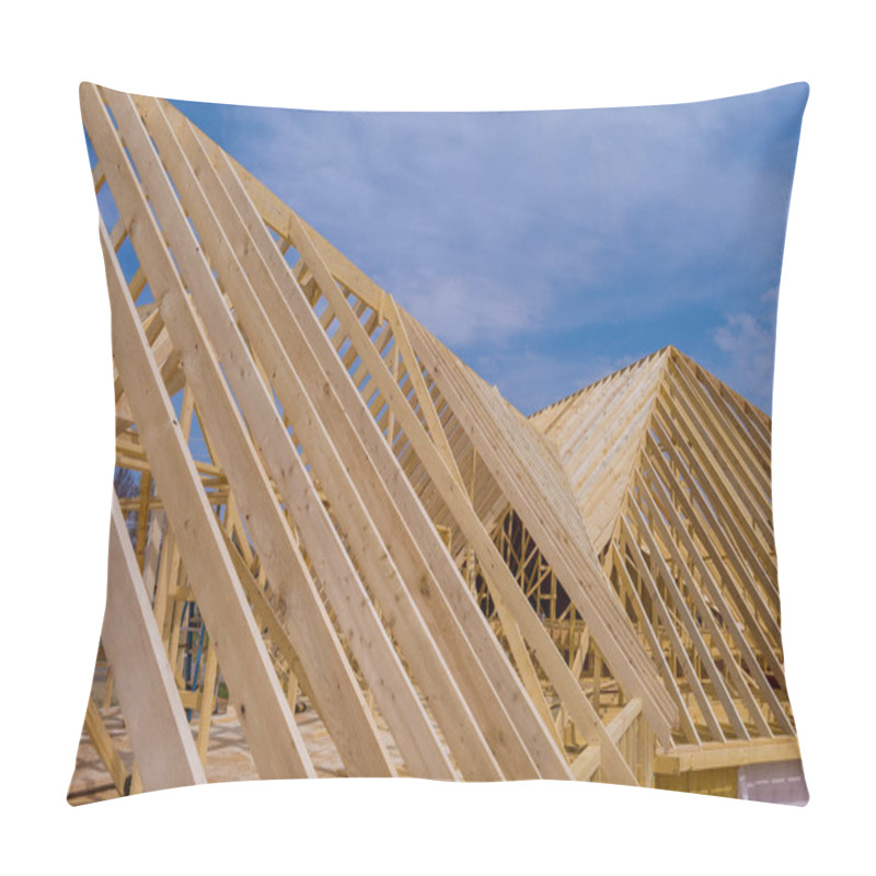 Personality  Wooden Roof Trusses To A Timber Frame House Under Construction Pillow Covers