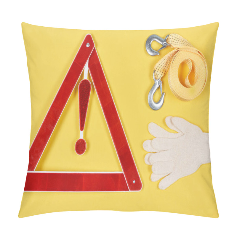 Personality  Top View Of Warning Triangle Road Sign, Gloves And Car Tow Rope Isolated On Yellow Pillow Covers