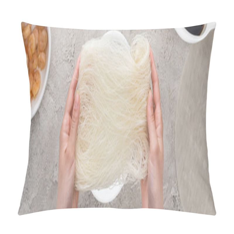 Personality  Panoramic Shot Of Woman Holding Noodles Among Raw Ingredients  Pillow Covers