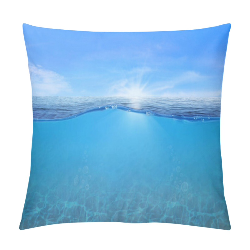 Personality  BLUE UNDER WATER Waves And Bubbles. Beautiful White Clouds On Blue Sky Over Calm Sea With Sunlight Reflection, Tranquil Sea Harmony Of Calm Water Surface. Sunny Sky And Calm Blue Ocean.  Pillow Covers