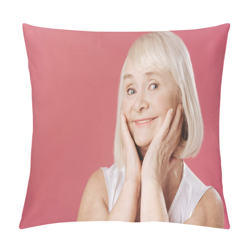 Personality  Grey Haired Woman Touching Her Cheeks Pillow Covers