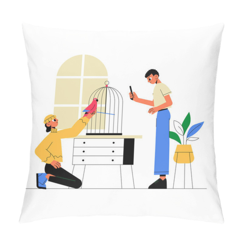 Personality  Man Taking A Photo While A Woman Interacts With A Bird In A Cage, Symbolizing Pet Care, Bird Grooming, And Caretaking, In An Indoor Setting, Isolated On White. Pillow Covers