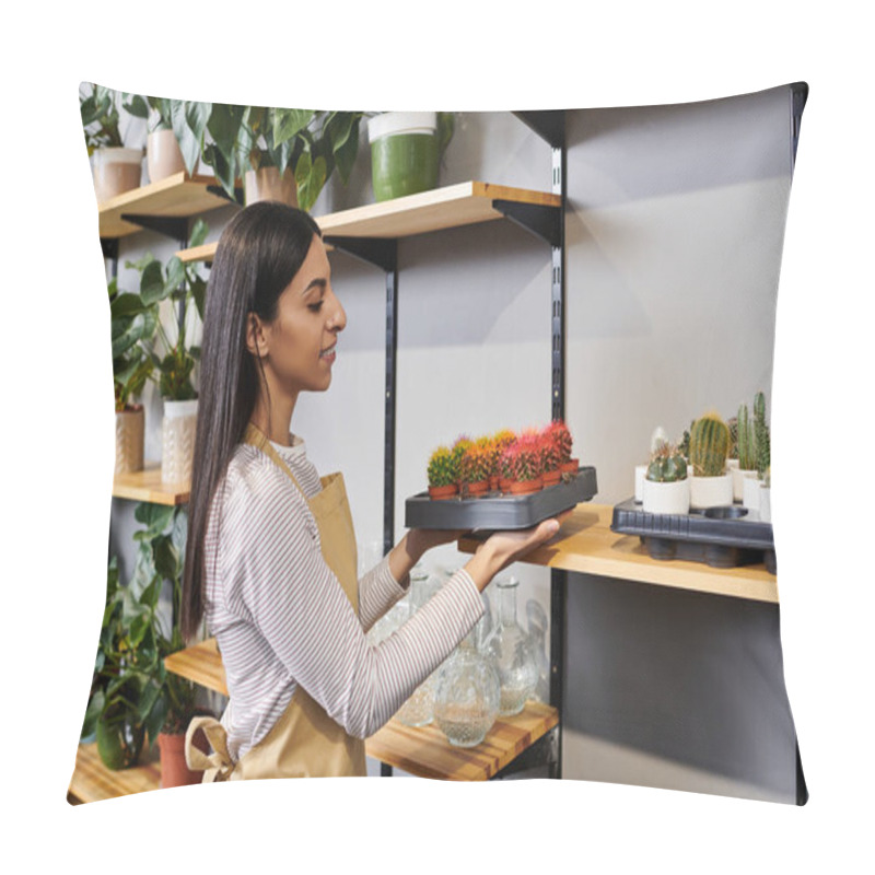 Personality  Brunette Plant Shop Owner Arranges Vibrant Cacti, Expressing Her Love For Plants And Sustainability. Pillow Covers