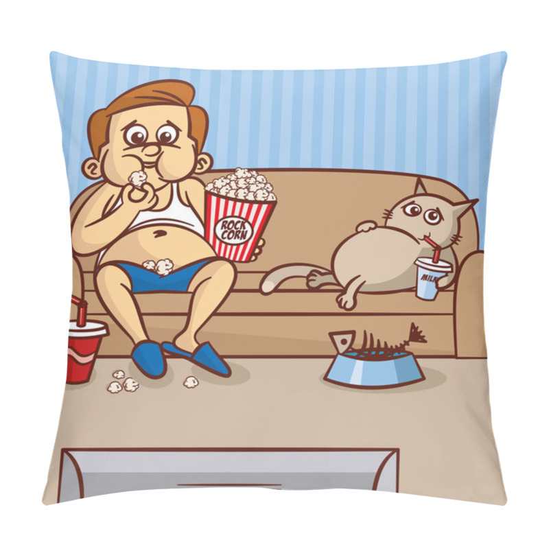 Personality  The Fat Man Is Sitting On The Couch And Eating Popcorn. Cat Drinks Milk Pillow Covers