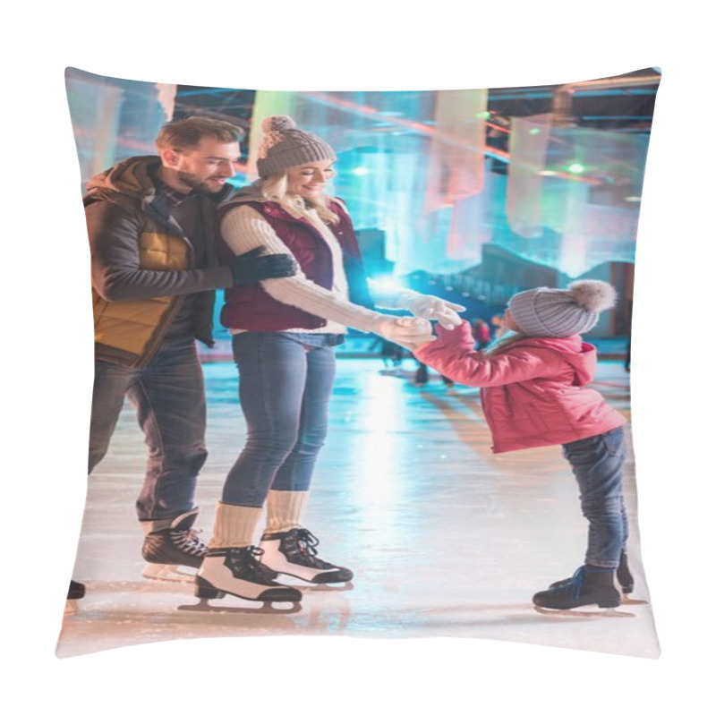 Personality  Happy Young Family Skating Together On Rink  Pillow Covers