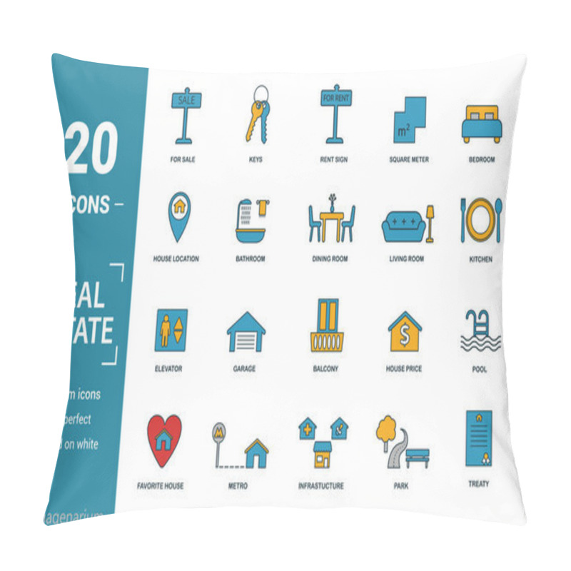 Personality  Real Estate Icon Set. Include Creative Elements For Sale, Rent Sign, House Location, Living Room, Elevator Icons. Can Be Used For Report, Presentation, Diagram, Web Design Pillow Covers