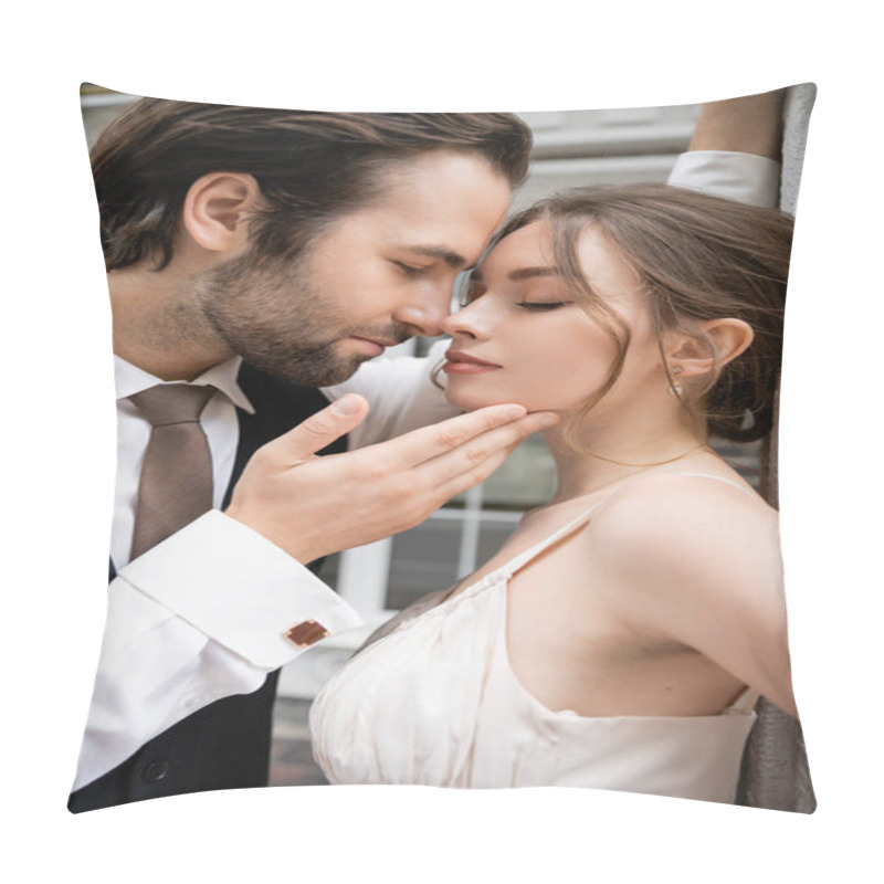 Personality  Portrait Of Groom In Formal Wear Touching Face Of Pretty Bride In Wedding Dress  Pillow Covers