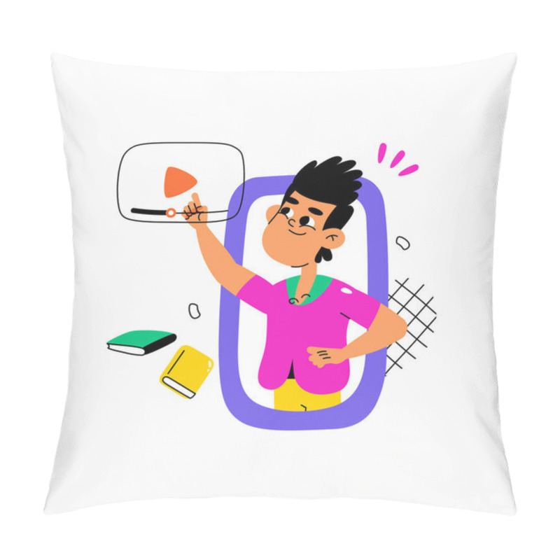 Personality  A Male Student Pointing To A Video Play Button On An Online Platform, Surrounded By Books, Symbolizing Distance Education And Online Learning In A Flat Vector Style. Pillow Covers