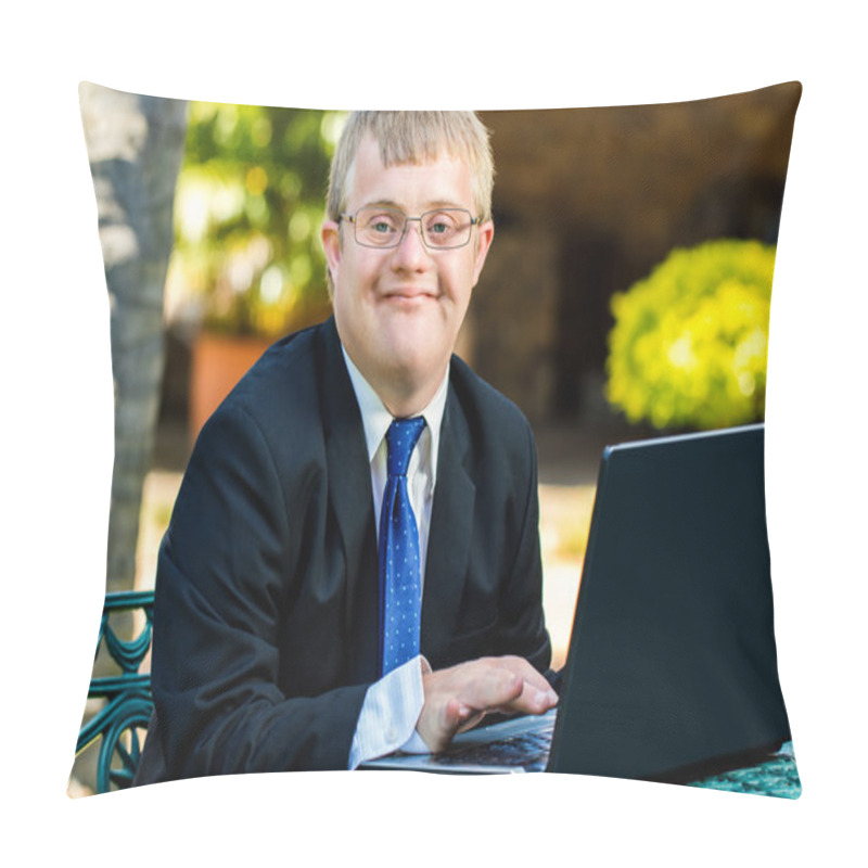 Personality  Handicapped Businessman Working With Laptop Pillow Covers