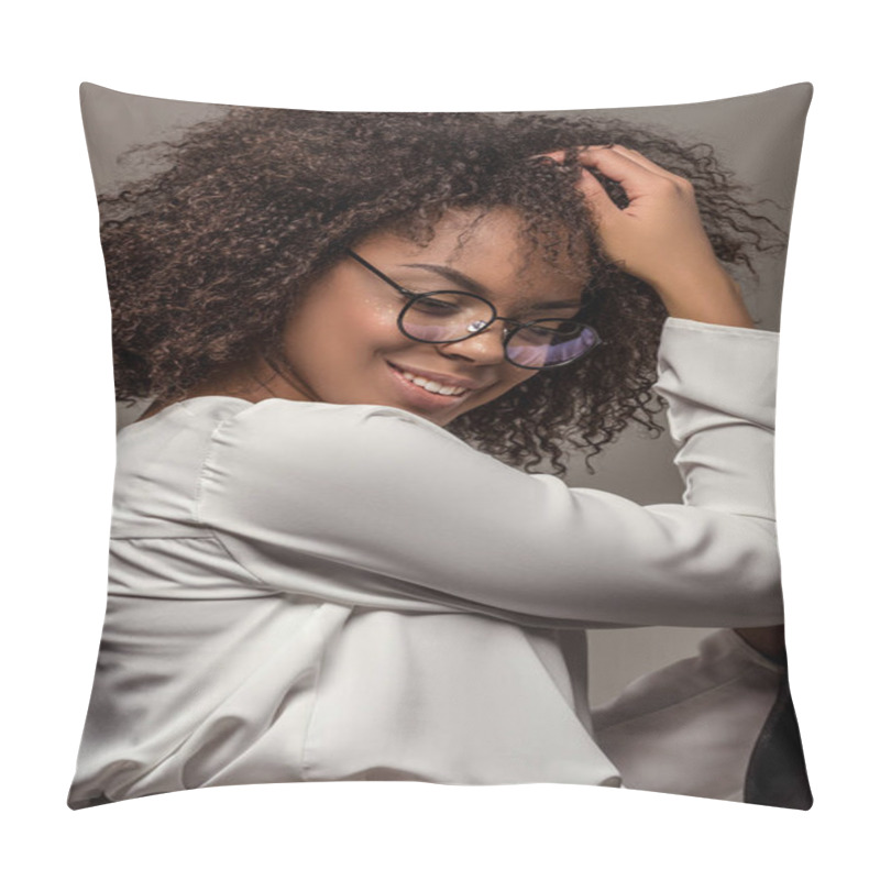 Personality  Young Smiling African American Woman In White Shirt Wearing Glasses Isolated On Grey Background Pillow Covers