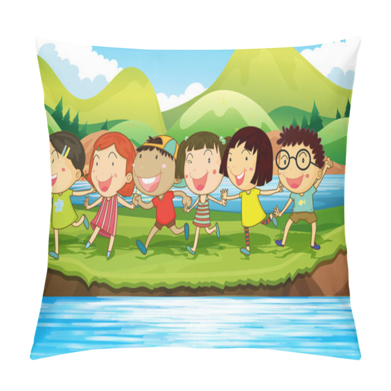 Personality  Children Having Fun At The Pond Pillow Covers