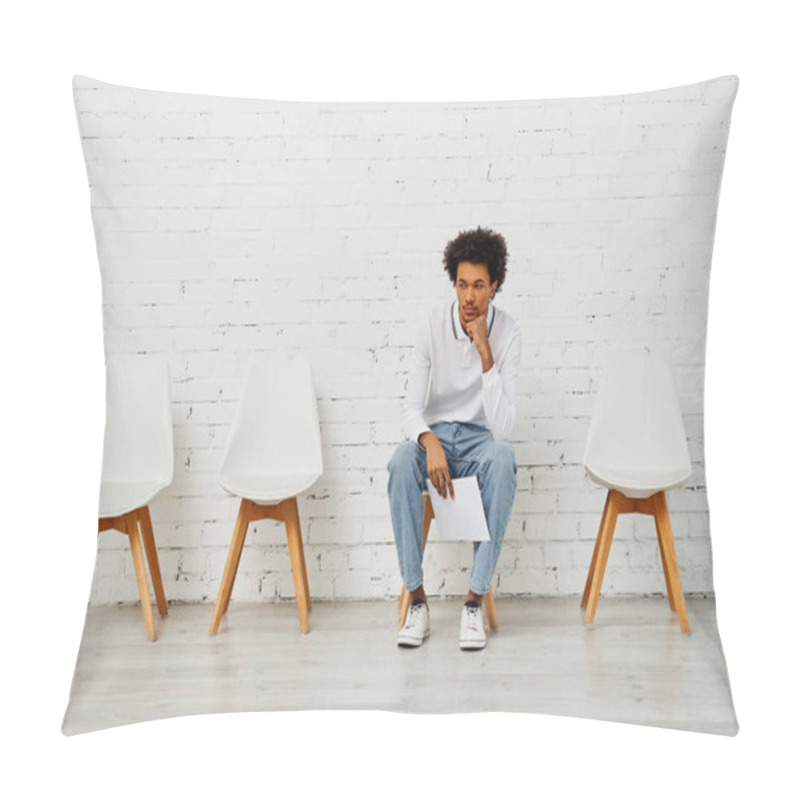 Personality  Man Seated Before White Chair Against Brick Wall. Pillow Covers