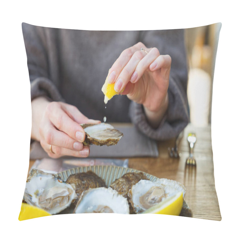 Personality  Beautiful Woman Eating Fresh Oysters And Drinking In Restaurant. Seafood Delicacies. Oysters With Lemon Pillow Covers