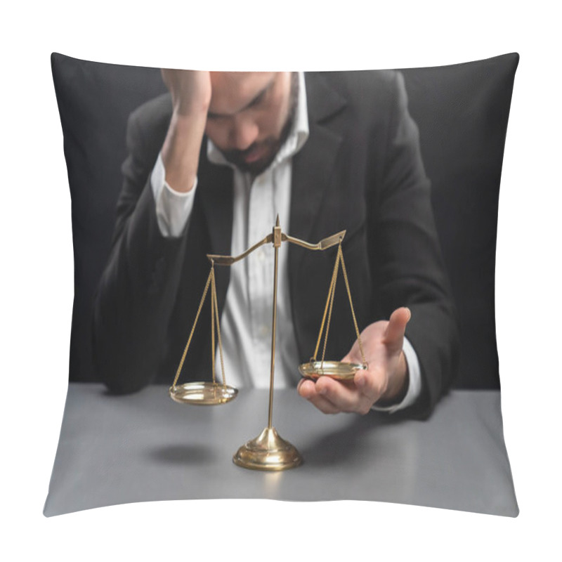 Personality  Lawyer Or Judge In Formal Black Suit Hold Unbalanced Scale With Expression Of Disappointment Trying To Fix Imbalance As Anti-injustice Concept To Fight Against Corruption Of Legal System. Equility Pillow Covers