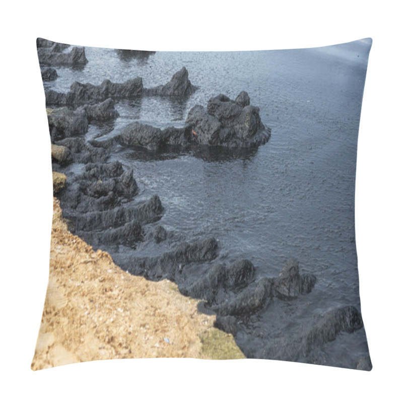 Personality  The Sea And The Beach Are Polluted With Oil. A Crude Oil Spill On The Sand Of A City Beach. Beach Oil Spill Impact, Pollution, Waste Disposal. Ecological Catastrophy Pillow Covers