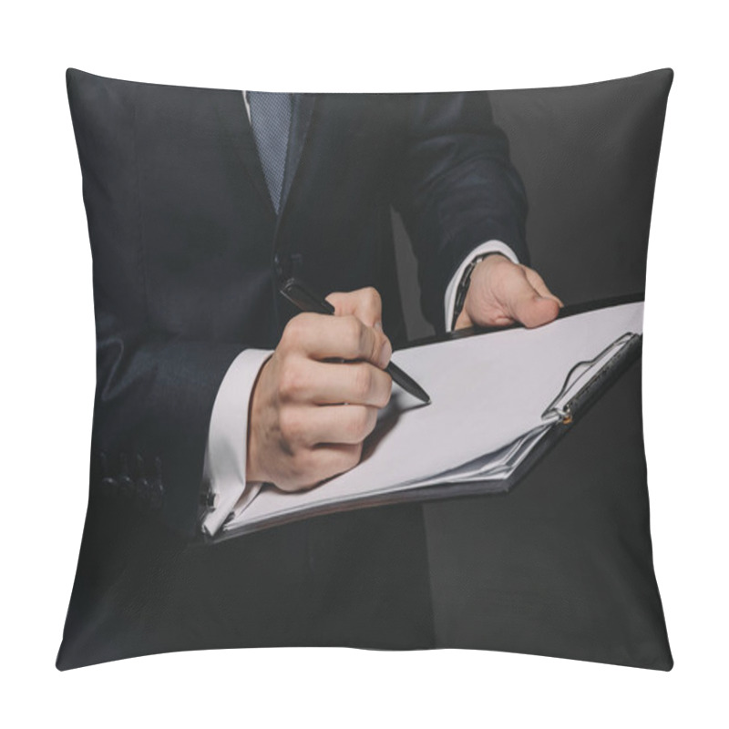 Personality  Cropped View Of Businessman Writing On Paper While Holding Clipboard Isolated On Black Pillow Covers