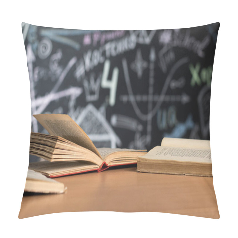 Personality  Open Books Lie On A Desk Or Table Against A Chalk-painted Chalkboard Wall Pillow Covers