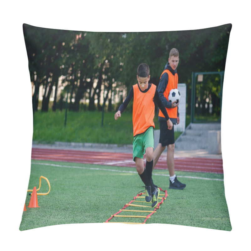 Personality  Motivated Teen Soccer Players Perform Run Exercises With Overcoming Obstacles Applying Racks On Artificial Soccer Field. Pillow Covers