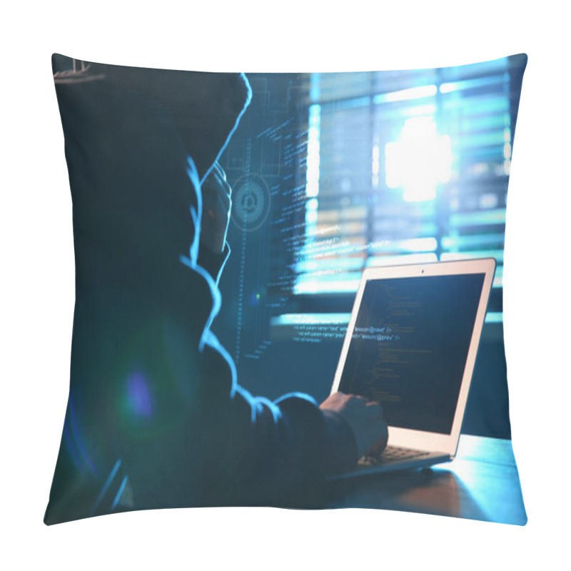 Personality  Hacker Working With Laptop At Table Indoors. Cyber Attack Pillow Covers