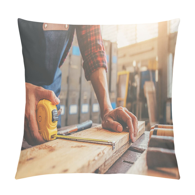 Personality  Carpenter Working With Equipment On Wooden Table In Carpentry Sh Pillow Covers