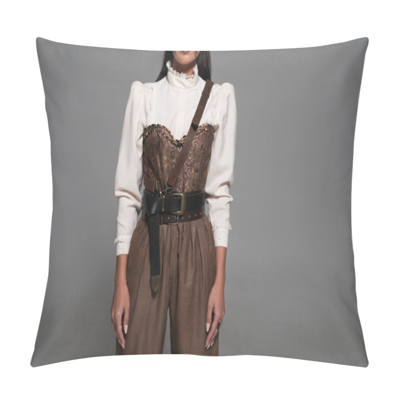 Personality  Partial View Of Steampunk Woman In White Blouse Isolated On Grey Pillow Covers