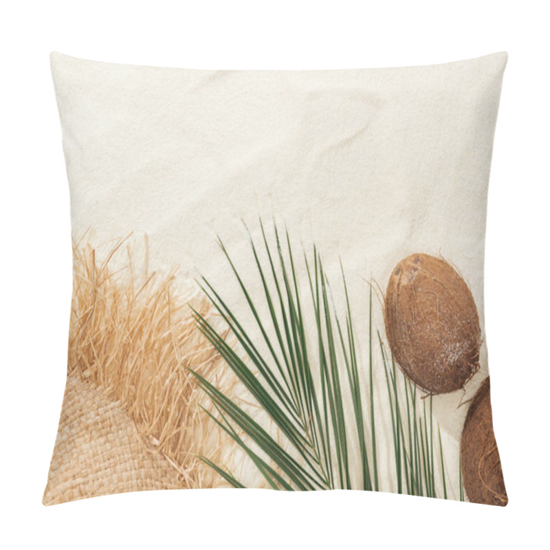 Personality  Top View Of Palm Leaf, Coconuts And Straw Hat On Sand Pillow Covers