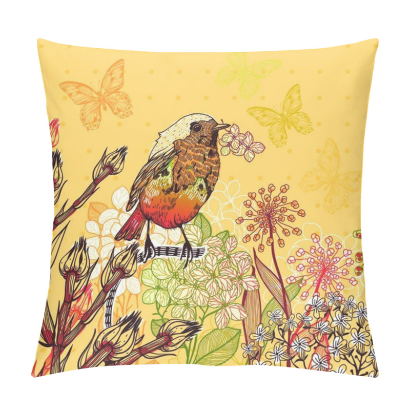 Personality  Vector Floral Illustration Of A Little Bird And Blooming Summer Flowers Pillow Covers