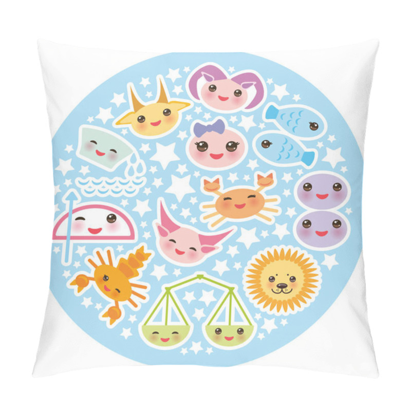 Personality  Funny Kawaii Zodiac Sign, Astrological Stiker Set  Virgo, Aries, Gemini, Cancer, Aquarius, Taurus, Leo, Libra Sagittarius Fish Capricorn Scorpio Bright Blue Background. Vector Illustration Pillow Covers