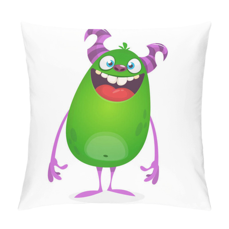 Personality  Happy Cool Cartoon Fat Monster. Green And Horned Vector Monster Character Pillow Covers