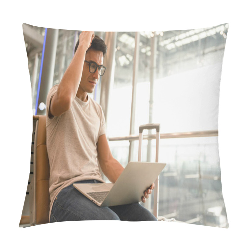 Personality  Young Handsome Man Feeling Frustrated While Working With Laptop At The Airport  During Wait For On Boarding. Mistake Happen. Pillow Covers