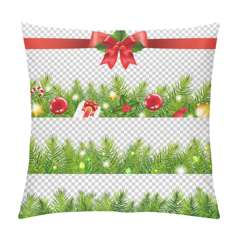 Personality  Red Ribbon With Holly Berries And Fir Tree Border Transparent Background With Gradient Mesh, Vector Illustration Pillow Covers