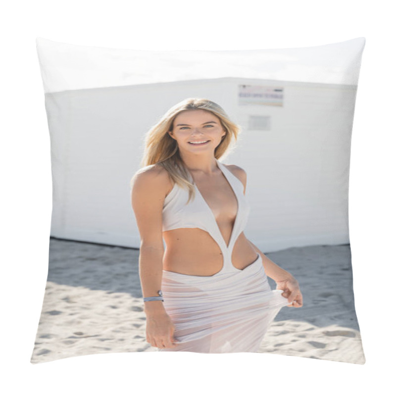 Personality  A Beautiful Young Blonde Woman In A Flowing White Dress Stands Gracefully On The Sandy Shore Of Miami Beach. Pillow Covers