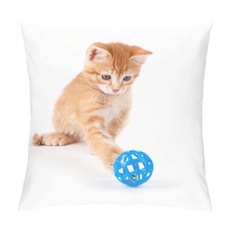 Personality  Cute Orange Kitten Playing With A Toy On A White Background. Pillow Covers