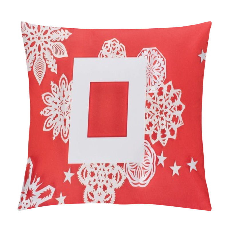 Personality  White Christmas Frame With Stars And Paper Snowflakes Around, Isolated On Red   Pillow Covers