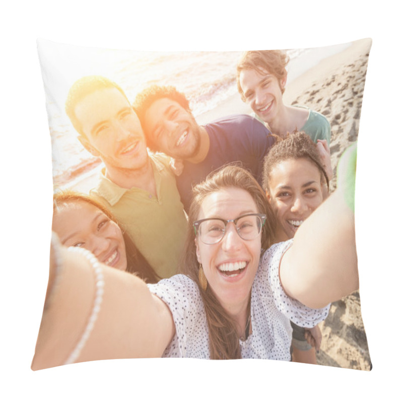 Personality  Multiracial Group Of Friends Taking Selfie At Beach Pillow Covers