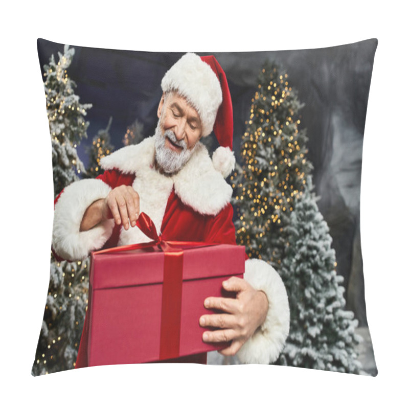 Personality  A Festive Scene Unfolds As Santa Claus Unwraps A Beautifully Tied Present Among Shimmering Trees. Pillow Covers