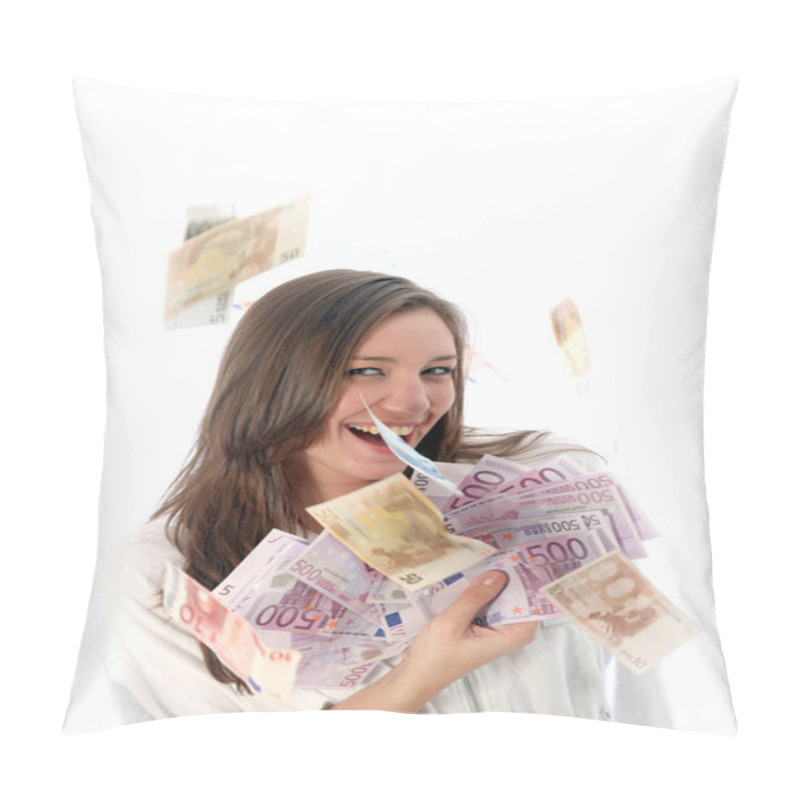 Personality  Young, Smiling Woman With Flying Bills - Optional Pillow Covers