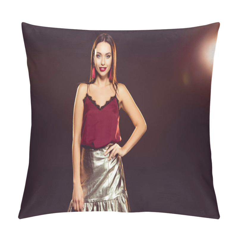 Personality  Beautiful Young Woman In Glamour Dress Posing On Black With Backlit  Pillow Covers