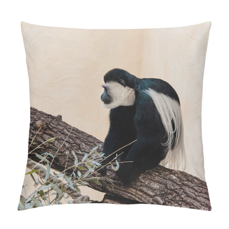 Personality  Selective Focus Of Adorable Black And White Monkey Sitting On Tree  Pillow Covers