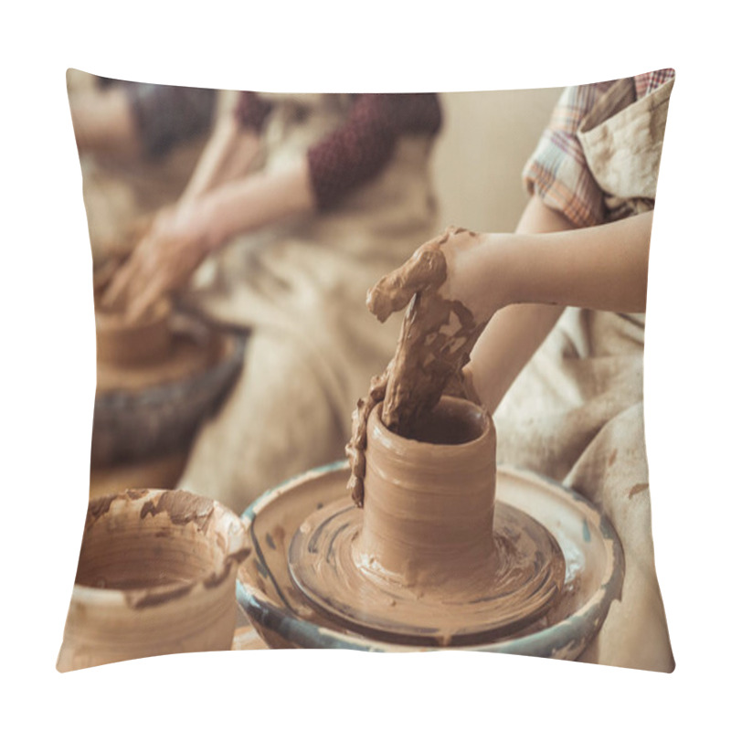 Personality  Close Up Of Child Hands Working On Pottery Wheel At Workshop Pillow Covers