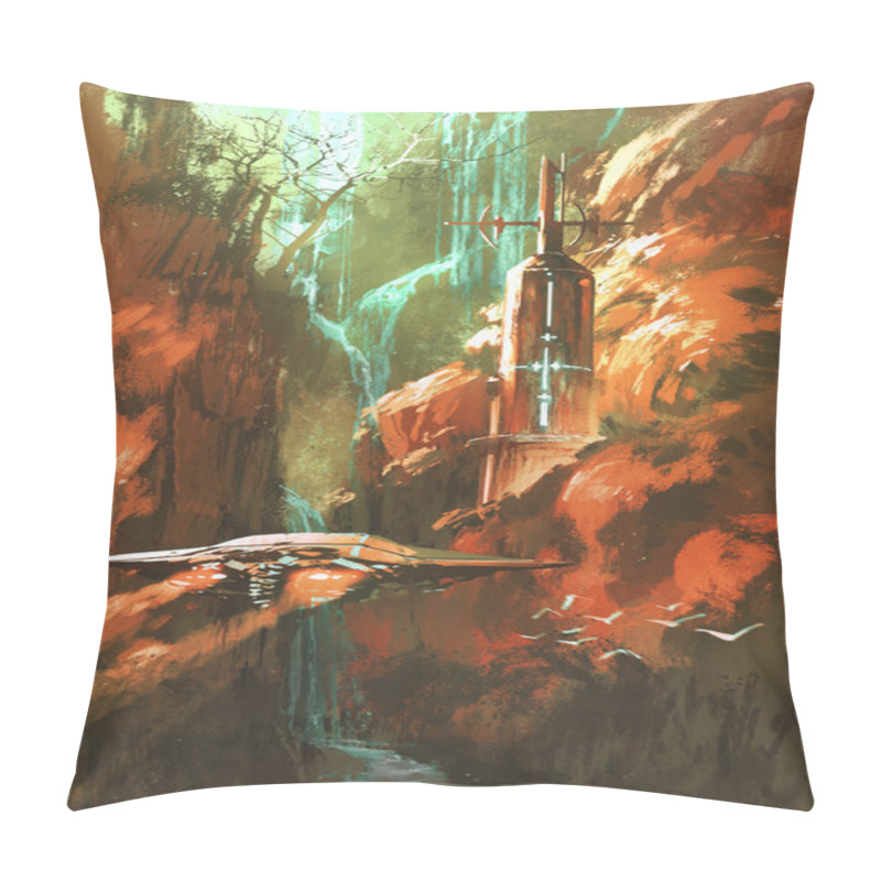 Personality  Spaceship On Background Of Lighthouse And Red Canyon Pillow Covers